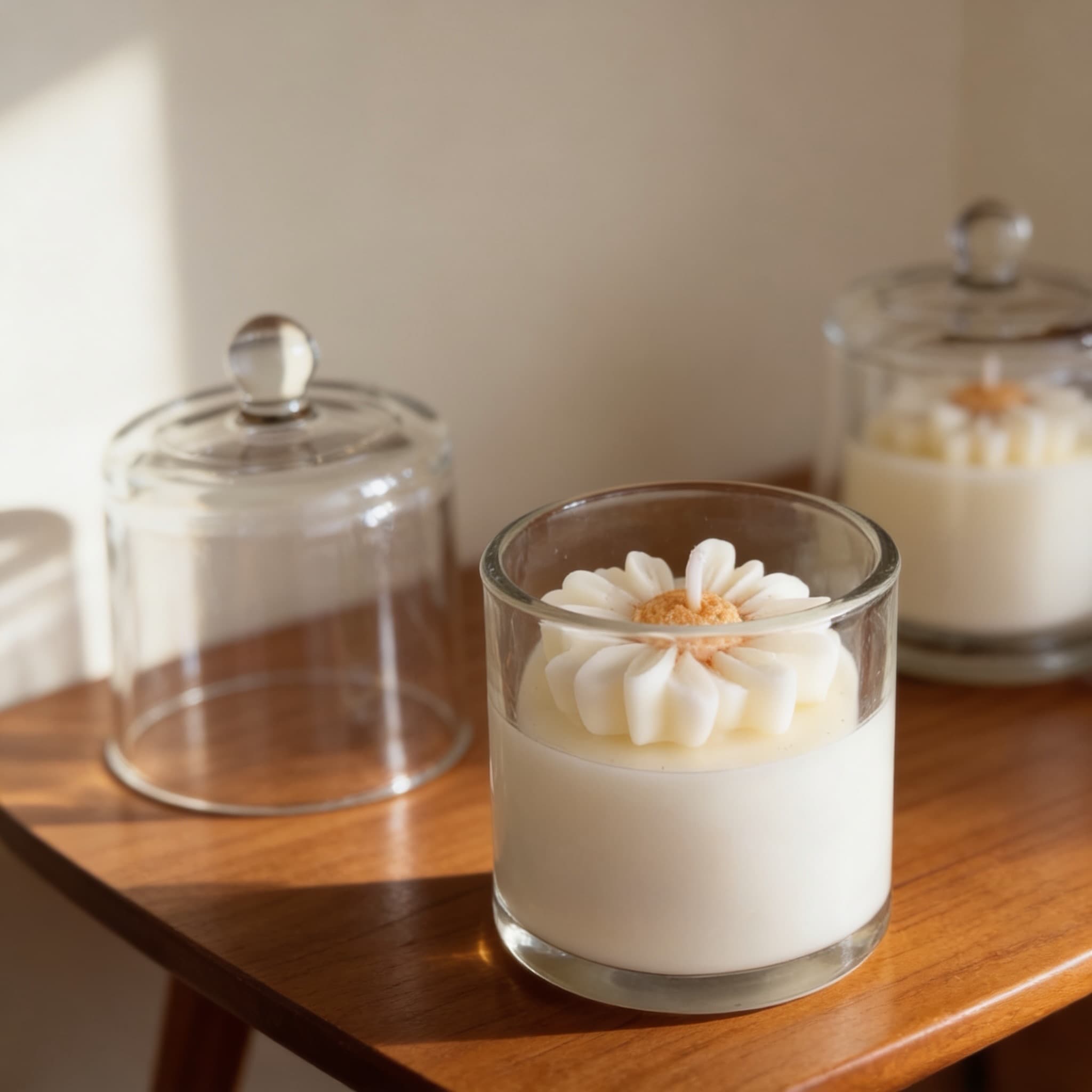 White sculpted daisy candle with golden center in a clear glass tumbler