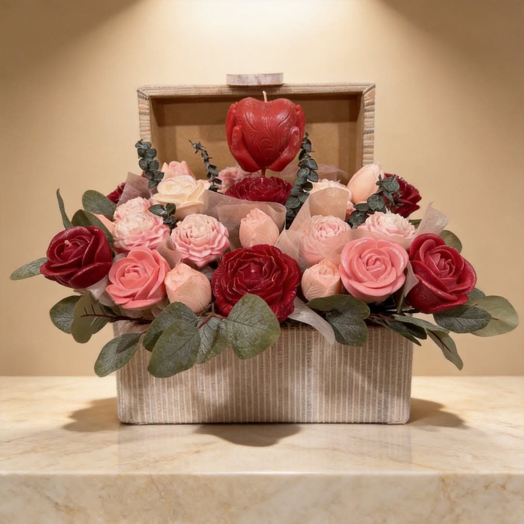 Luxury floral candle box with hand-sculpted wax roses and dried botanicals