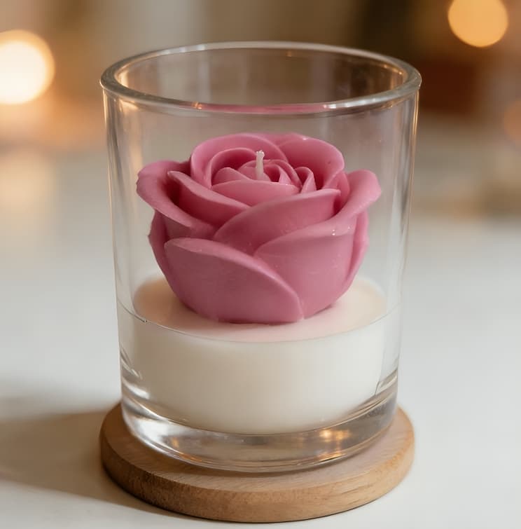 Single rose candle in clear glass votive with wooden base