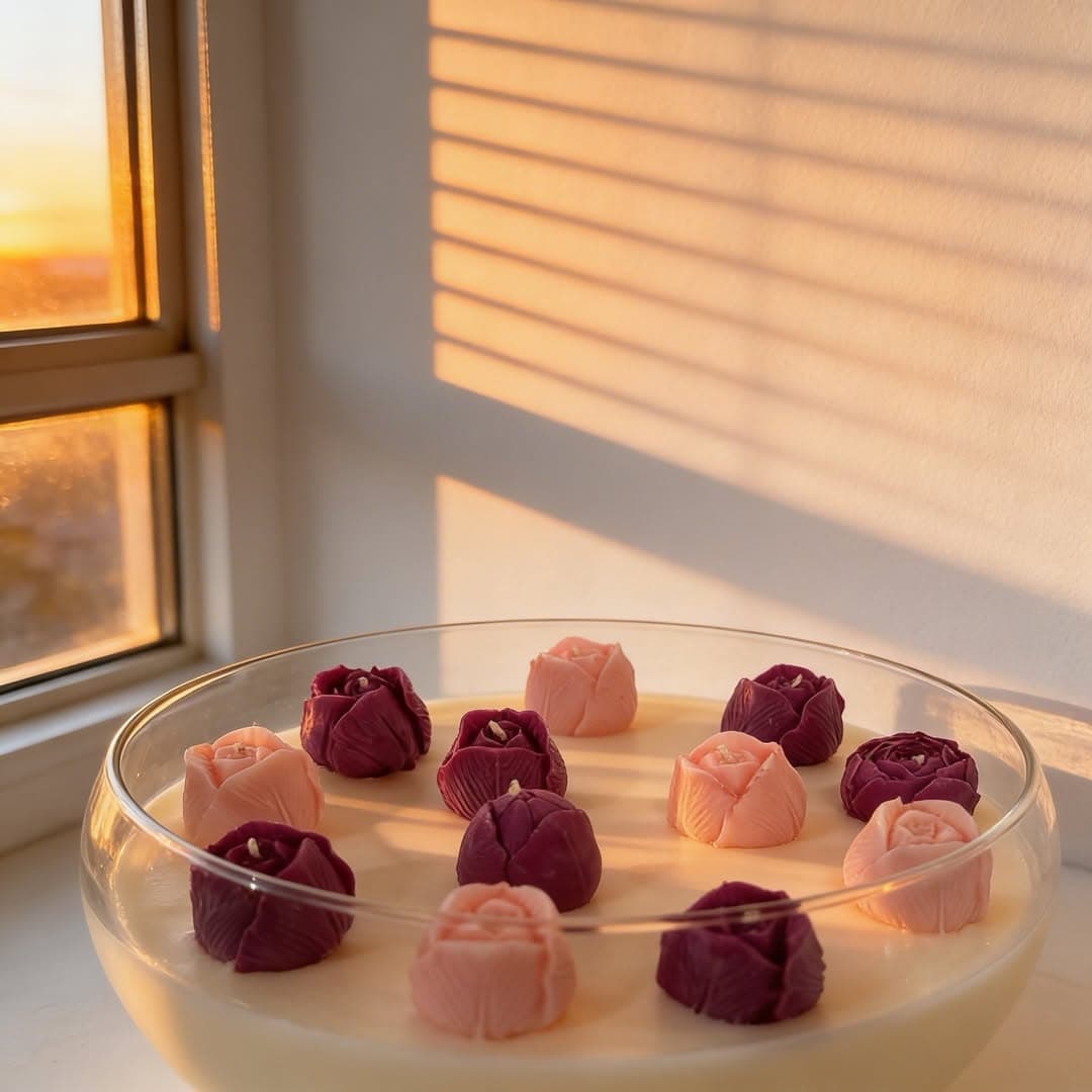 Wide cream candle topped with a ring of small blush and burgundy rosebuds in a glass bowl
