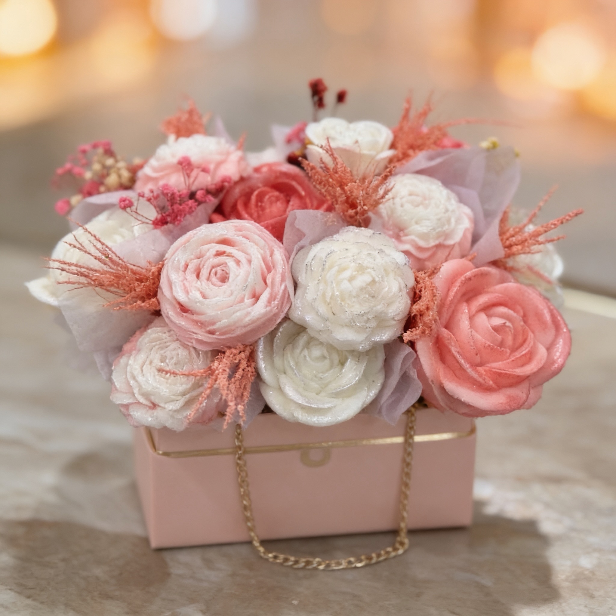 Pink rose candle gift bag with gold chain handle