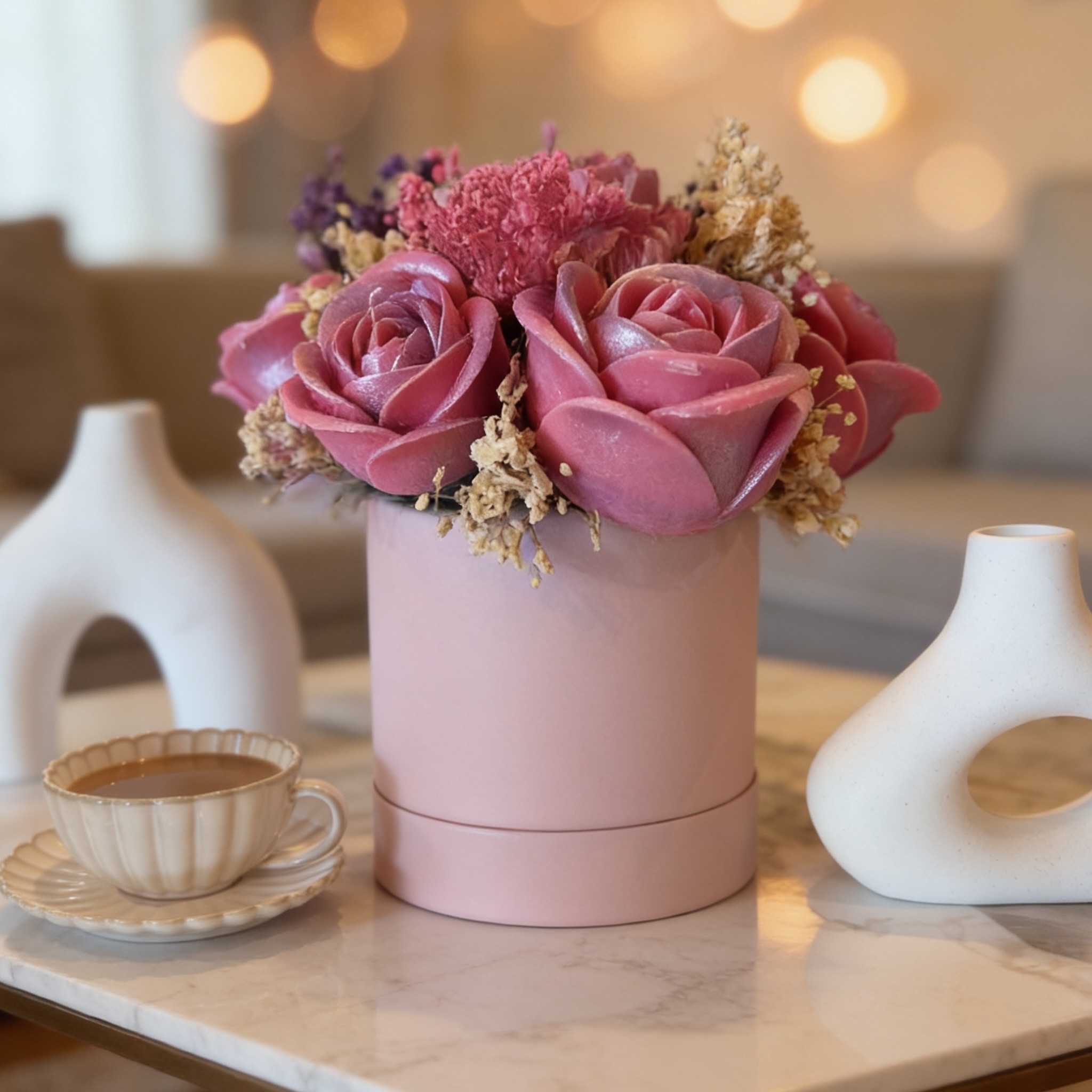 Pink rose candles in pink box, styled with coffee and ceramic vases